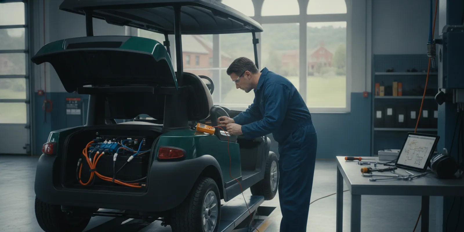 Technician inspecting an electric golf cart at a Connecticut service location