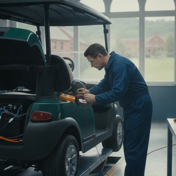 Technician inspecting an electric golf cart at a Connecticut service location