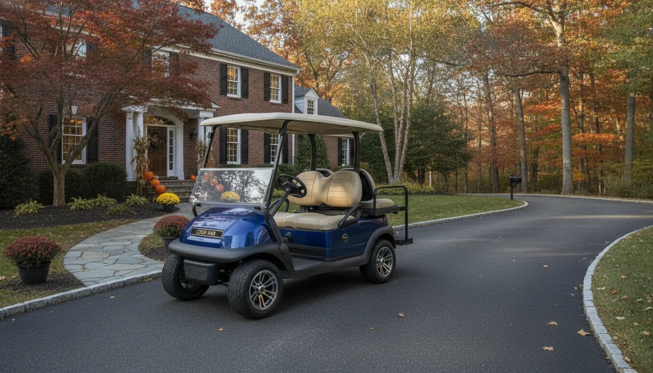 Blue Club Car Onward golf cart parked in front of a New England home with autumn foliage