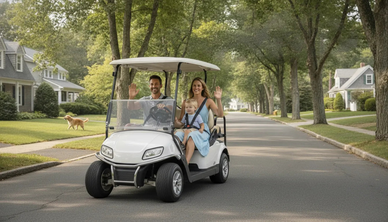 Family in a modern golf cart driving down a tree-lined New England neighborhood street