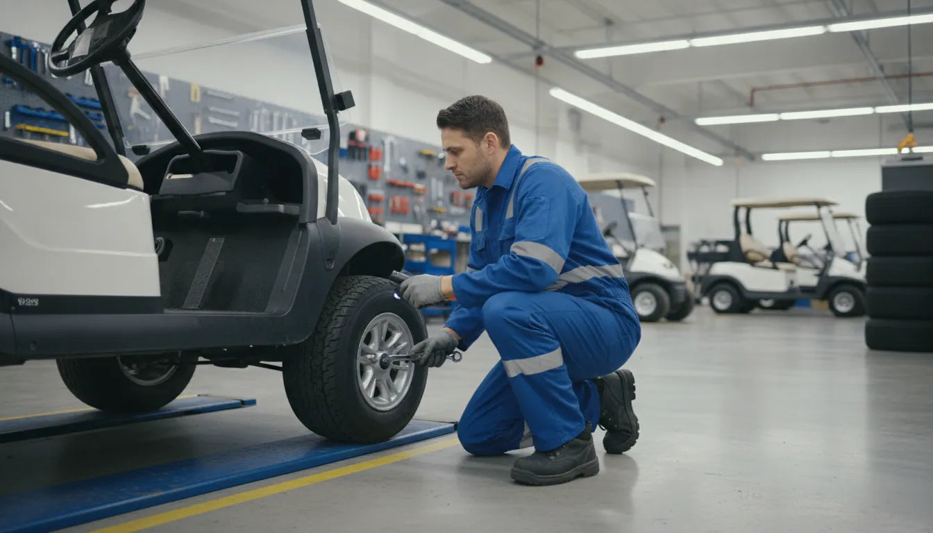 Factory technician inspecting a Club Car golf cart in a service facility
