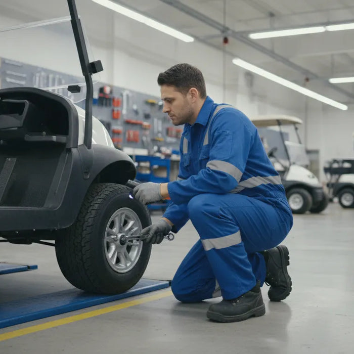 Factory technician inspecting a Club Car golf cart in a service facility
