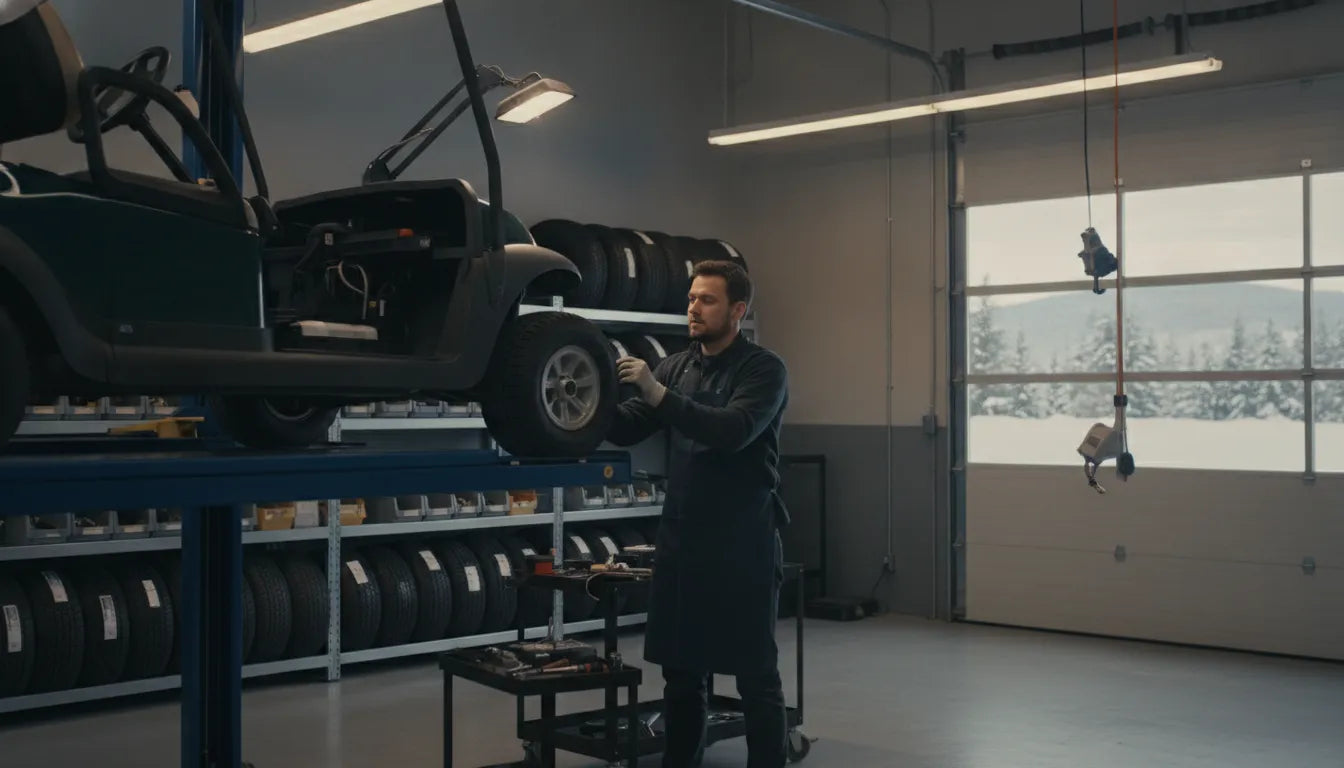 Factory-trained golf cart service technician inspecting an electric golf cart in a Vermont service bay