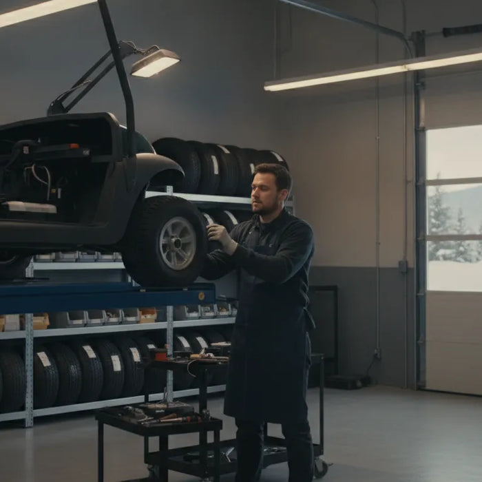 Factory-trained golf cart service technician inspecting an electric golf cart in a Vermont service bay