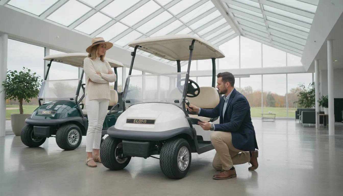Golf cart being inspected before a trade in