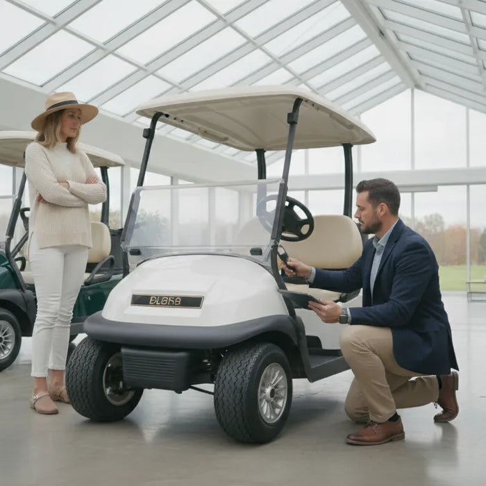 Golf cart being inspected before a trade in