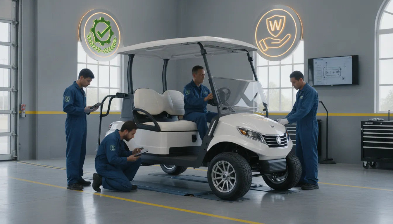 Golf cart undergoing a professional warranty inspection