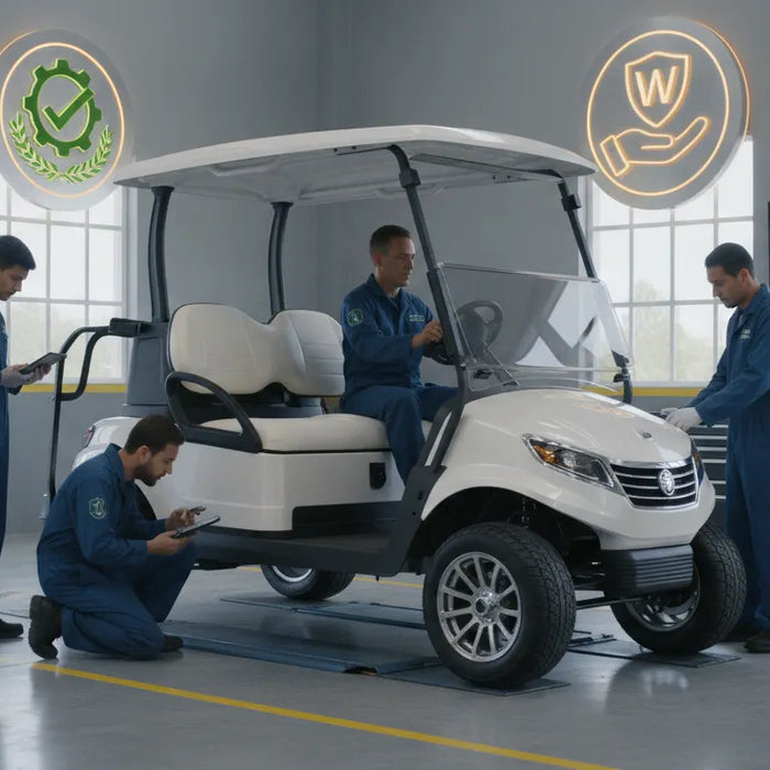 Golf cart undergoing a professional warranty inspection