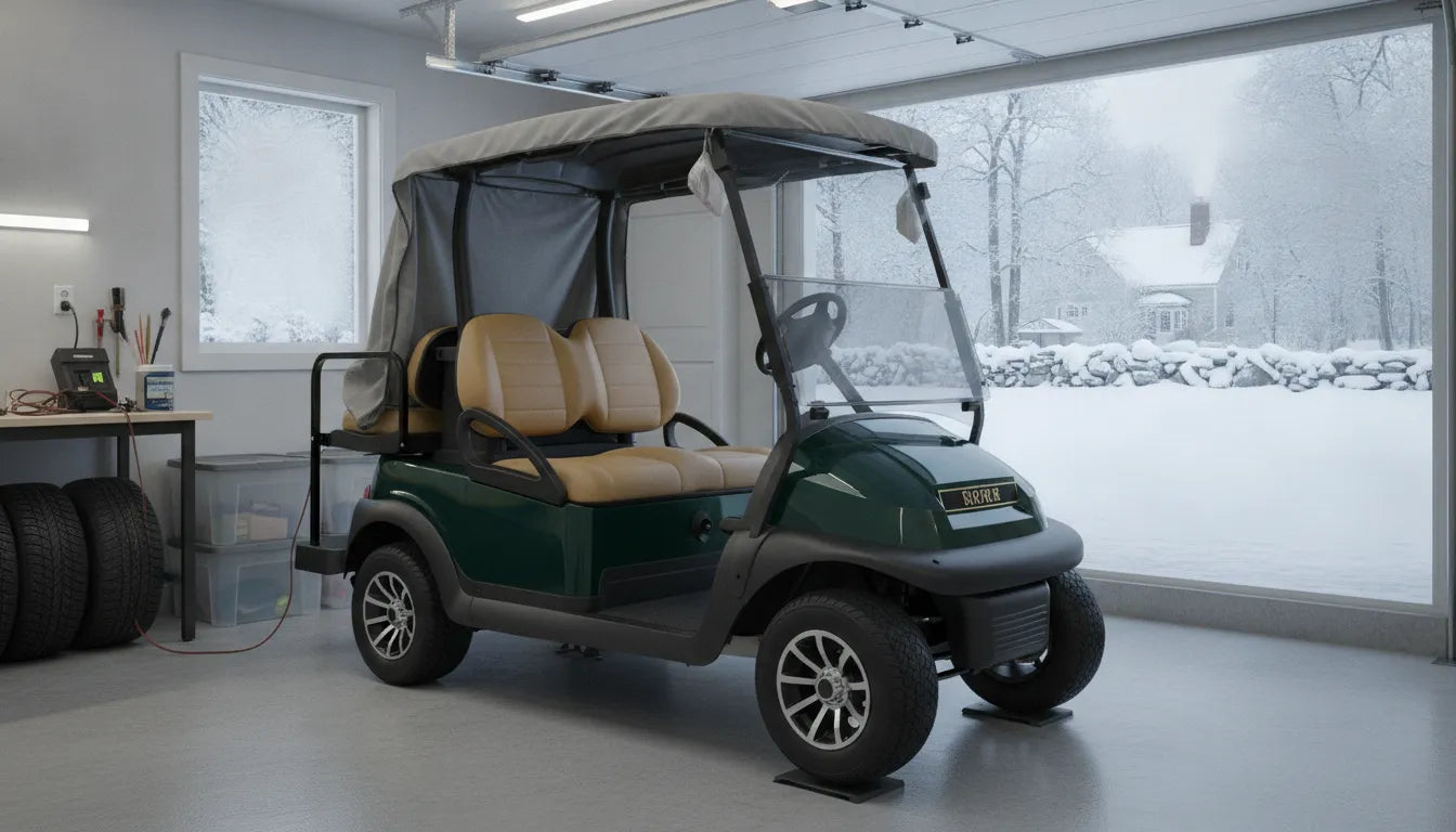 Golf cart prepared for winter storage in a New England garage