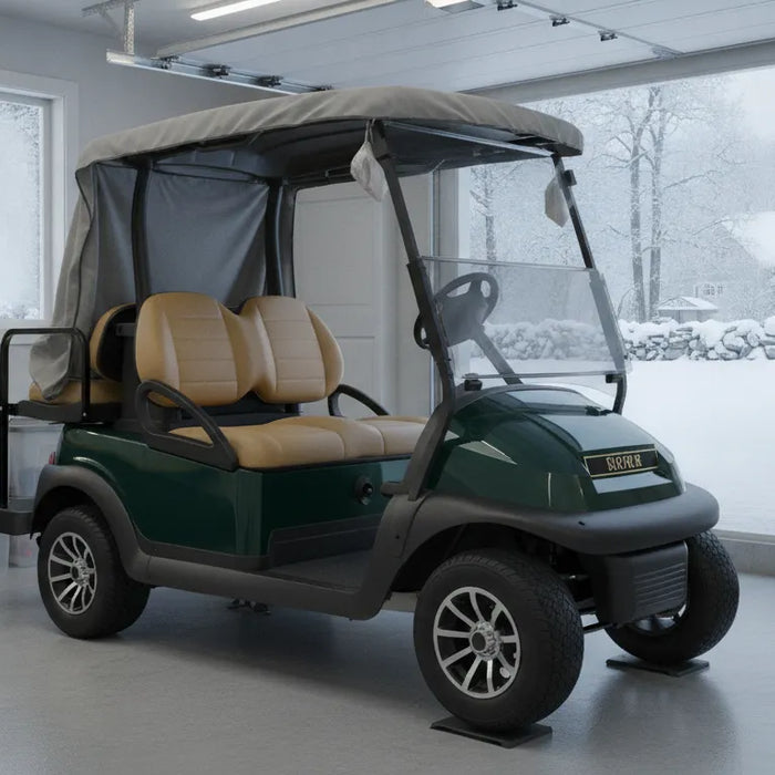 Golf cart prepared for winter storage in a New England garage