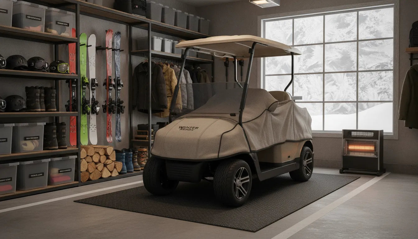 Golf cart stored safely in a heated garage for winter with frost visible outside the window