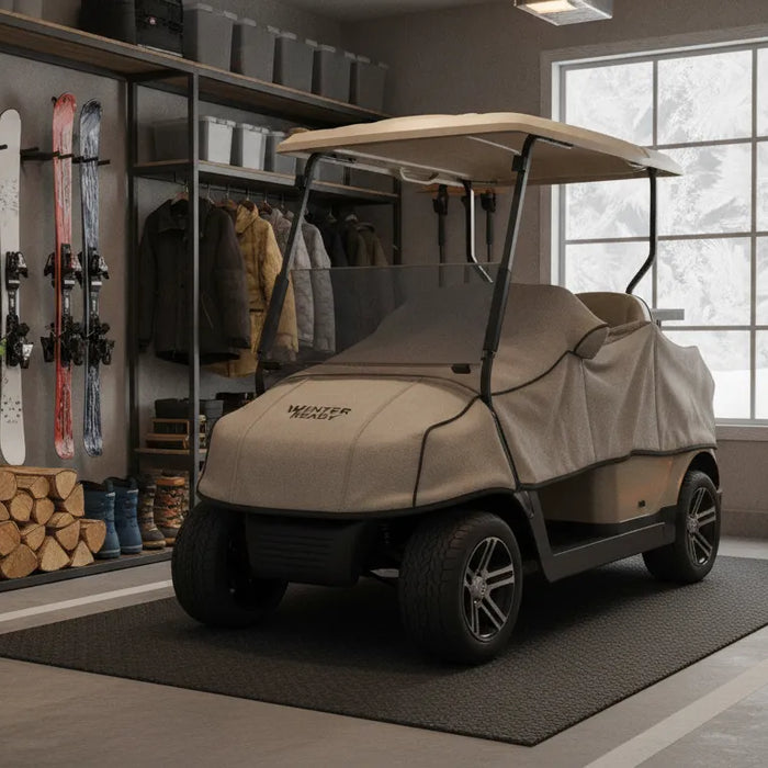 Golf cart stored safely in a heated garage for winter with frost visible outside the window