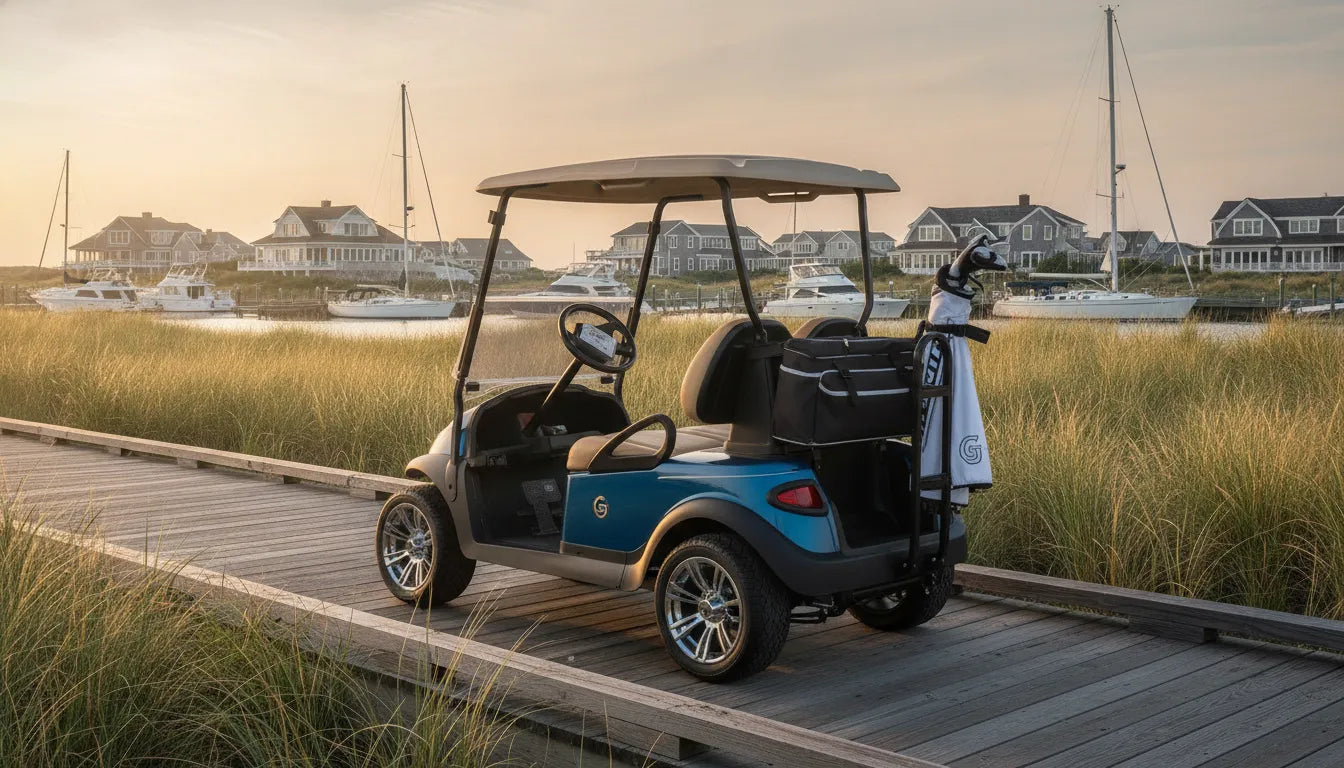 Golf cart near a coastal New England marina