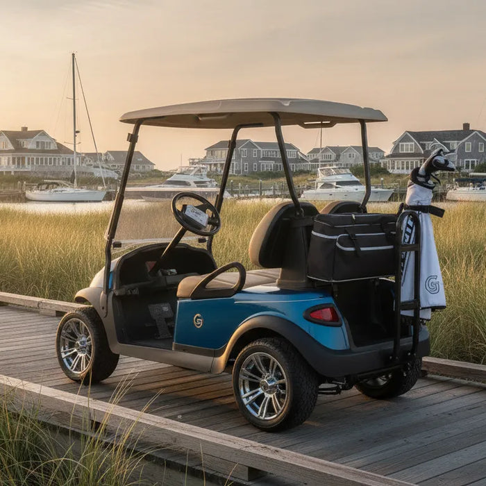 Golf cart near a coastal New England marina
