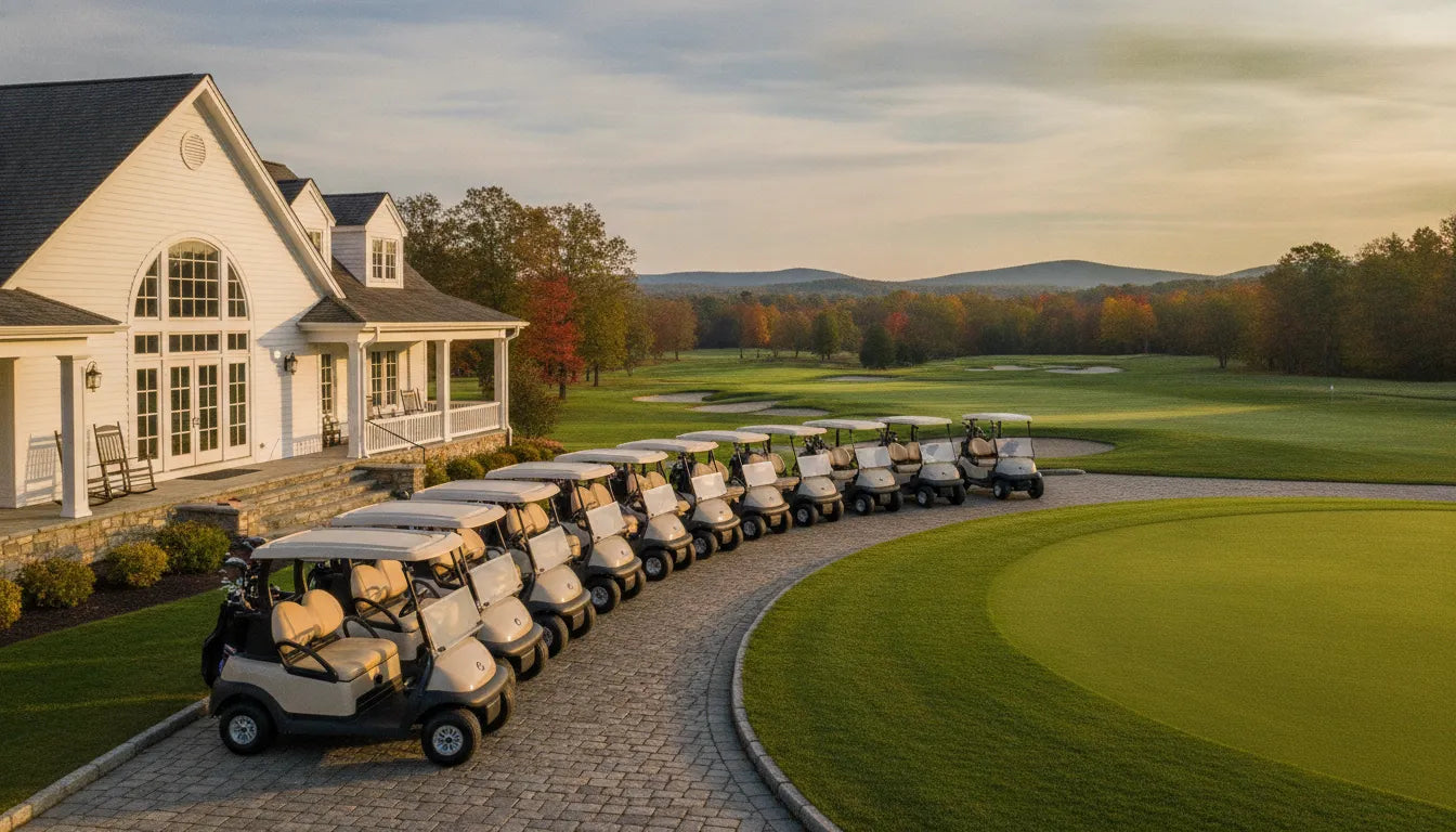 Golf course fleet carts lined up beside a clubhouse