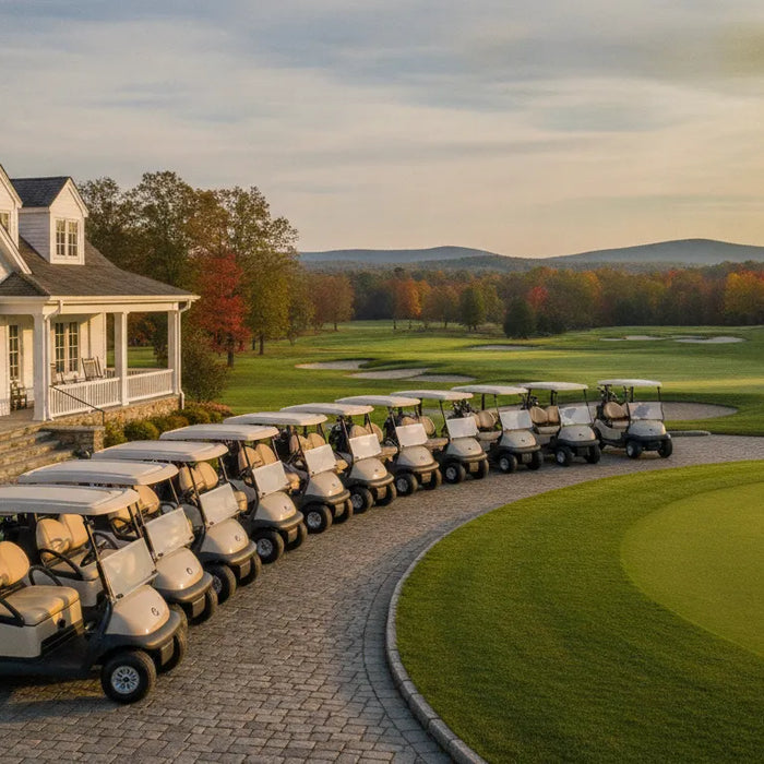 Golf course fleet carts lined up beside a clubhouse