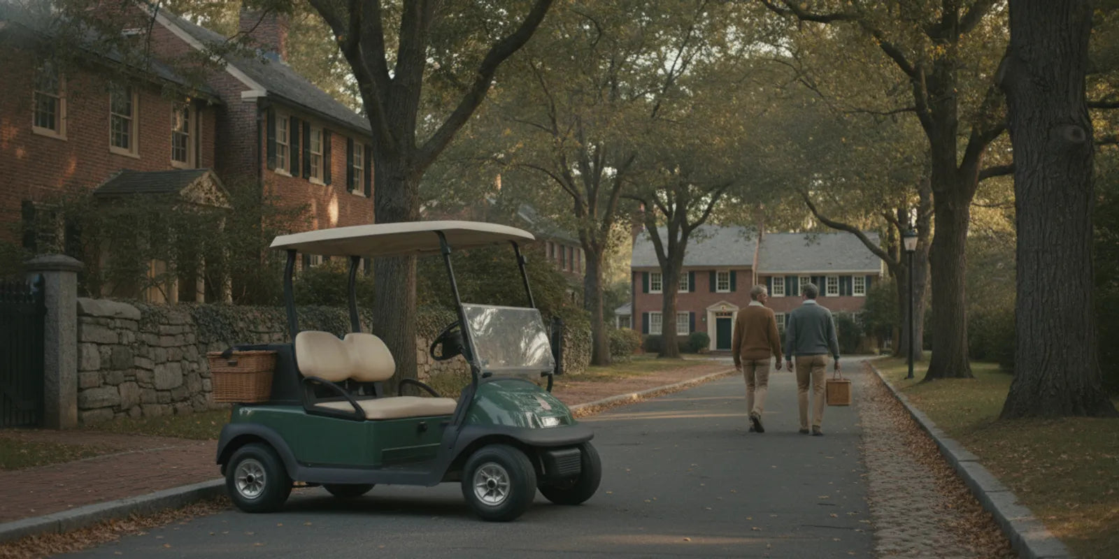 Used golf cart parked beside a New England home