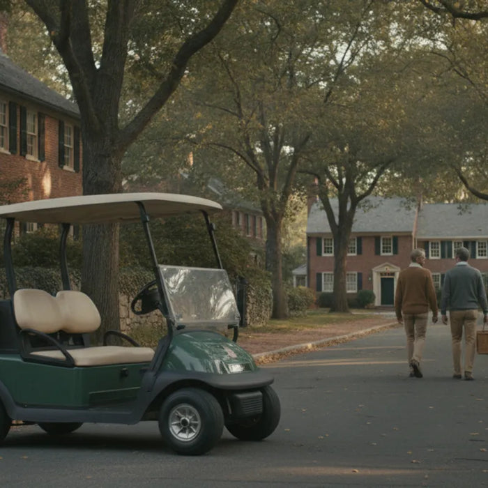 Used golf cart parked beside a New England home