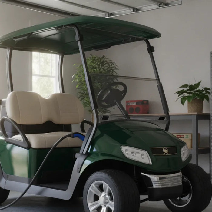 An electric golf cart connected to a charger in a clean, ventilated garage