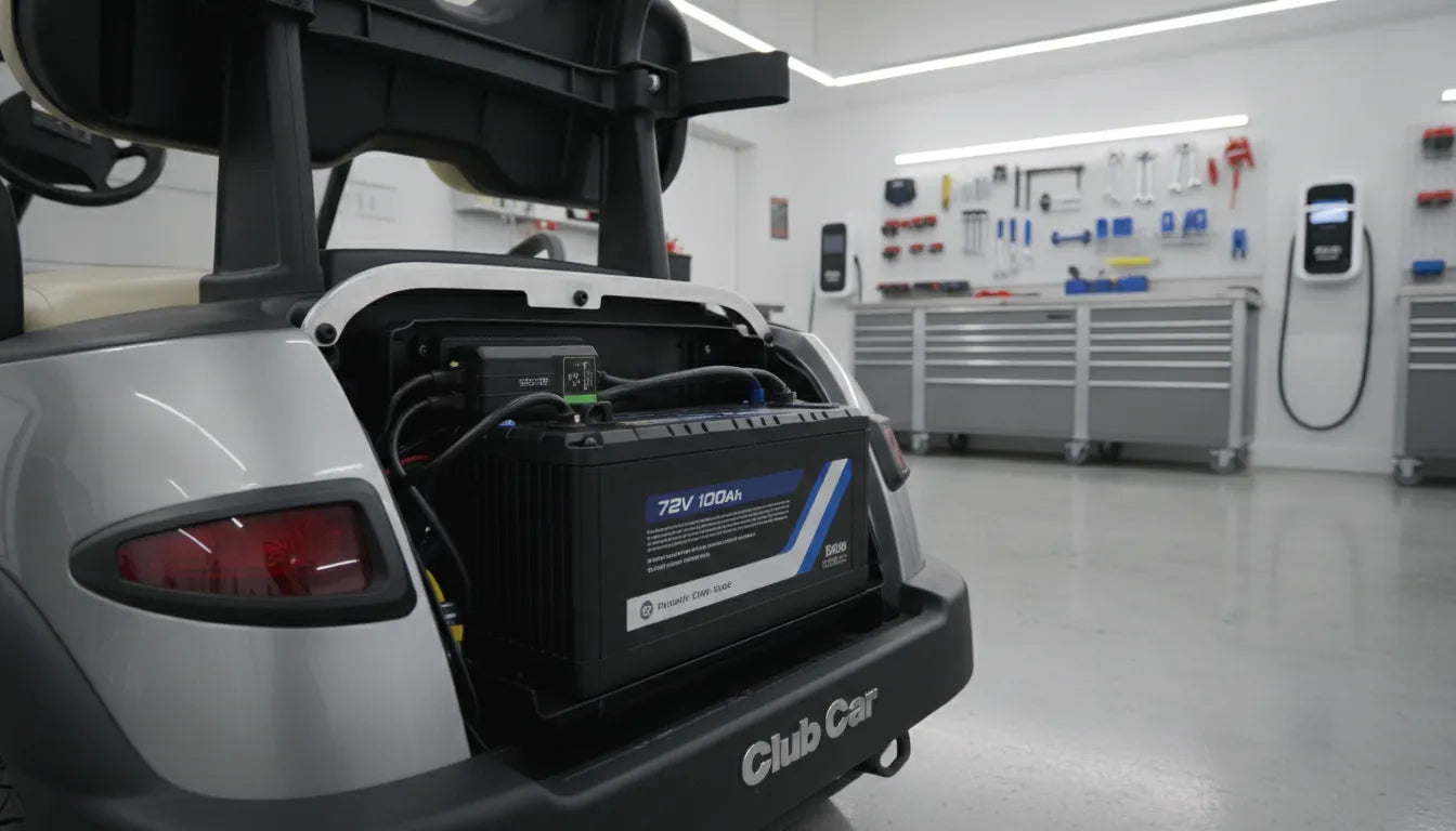 Lithium golf cart battery pack installed in a Club Car golf cart in a professional garage setting