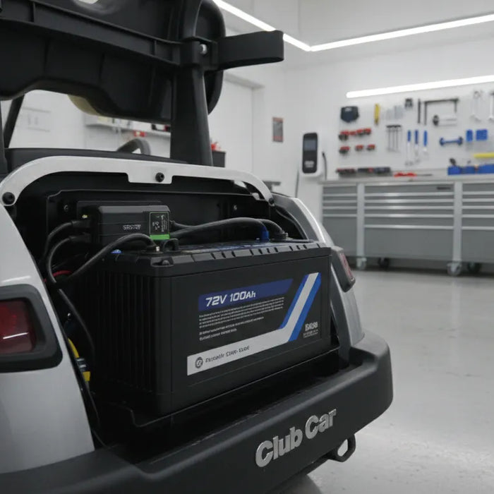 Lithium golf cart battery pack installed in a Club Car golf cart in a professional garage setting
