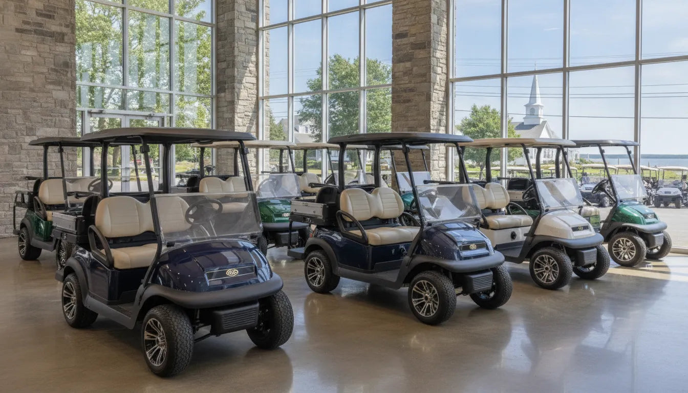 Modern personal and utility golf carts at a New England dealership
