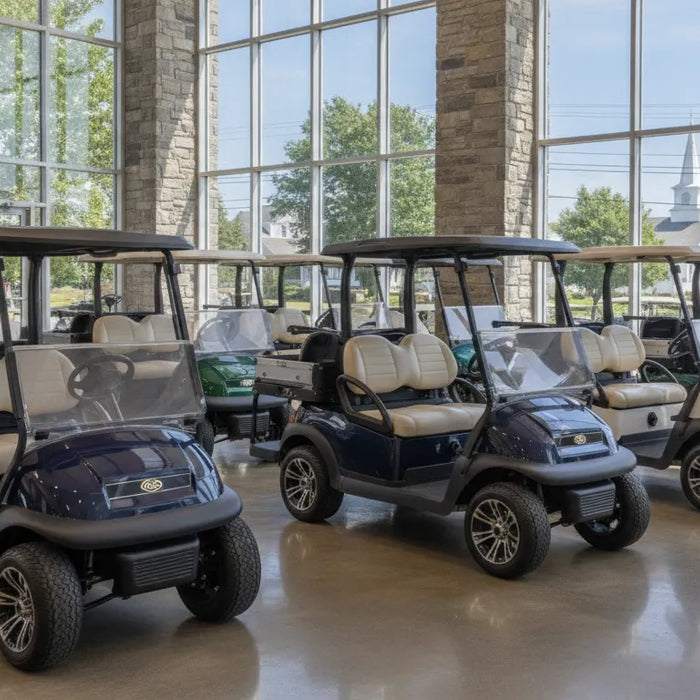 Modern personal and utility golf carts at a New England dealership