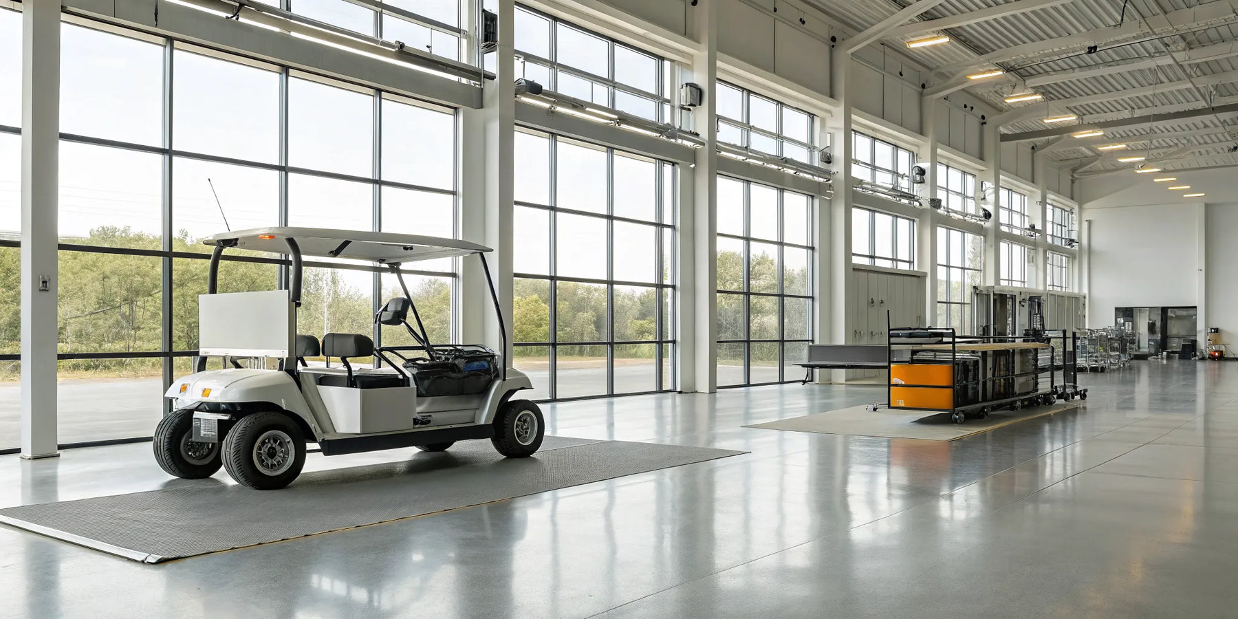 A golf cart in a garage, a common sight before calculating the cost to replace its batteries with lithium.