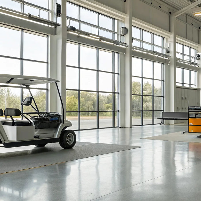 A golf cart in a garage, a common sight before calculating the cost to replace its batteries with lithium.