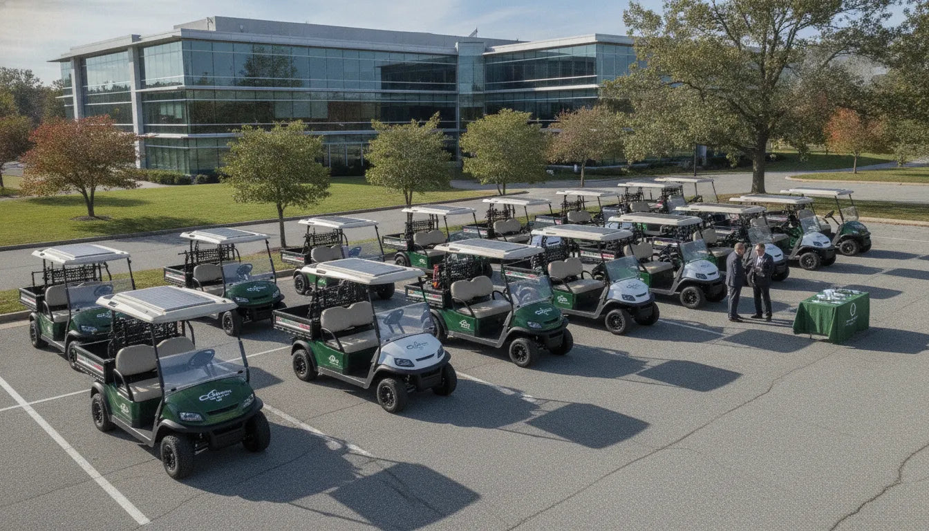 Commercial golf cart fleet lined up at a New England corporate campus