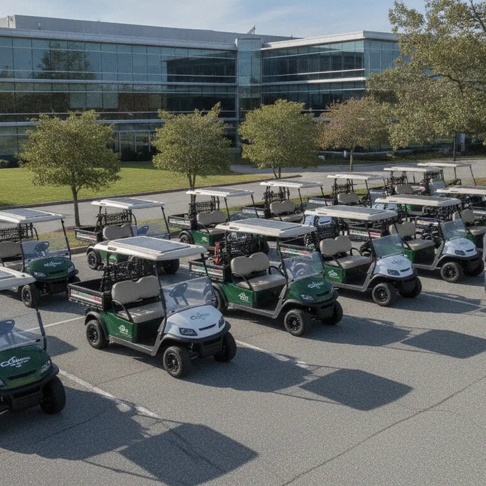 Commercial golf cart fleet lined up at a New England corporate campus