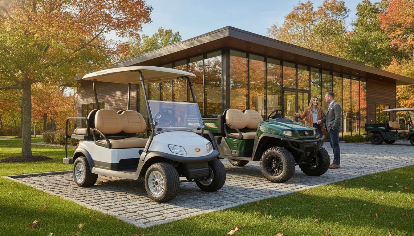 Golf cart and utility vehicle displayed outside a Massachusetts dealership