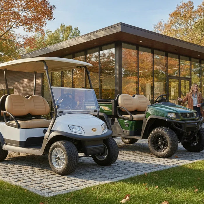 Golf cart and utility vehicle displayed outside a Massachusetts dealership