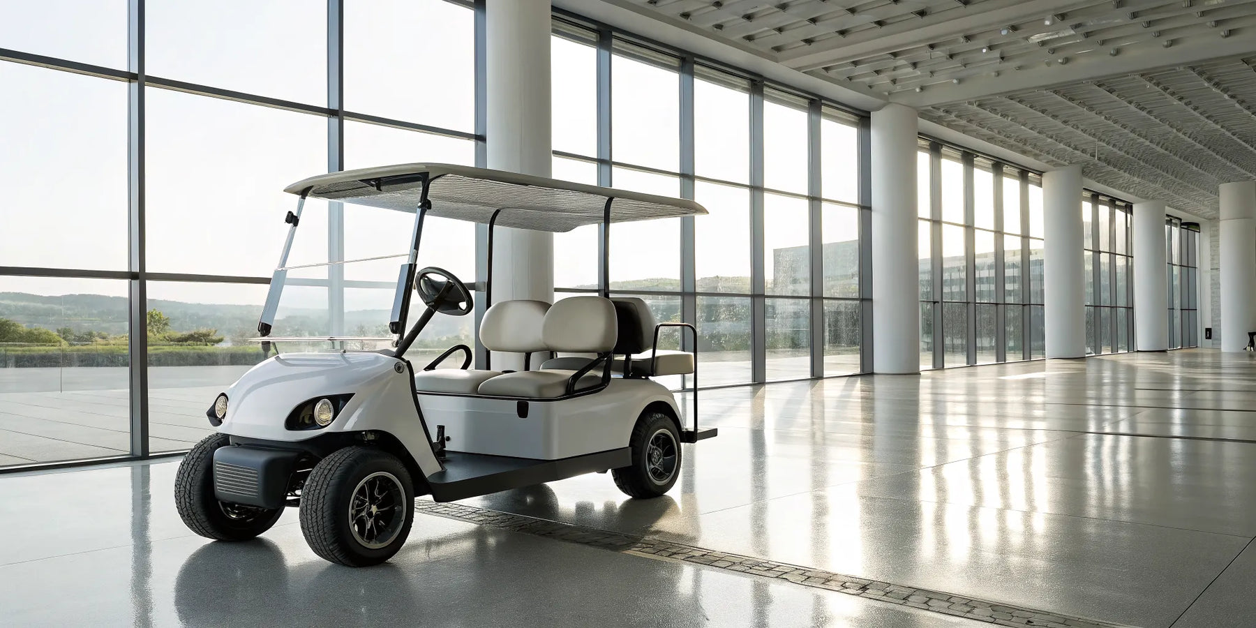 A new 4 seater golf cart with comfortable seating and modern features.