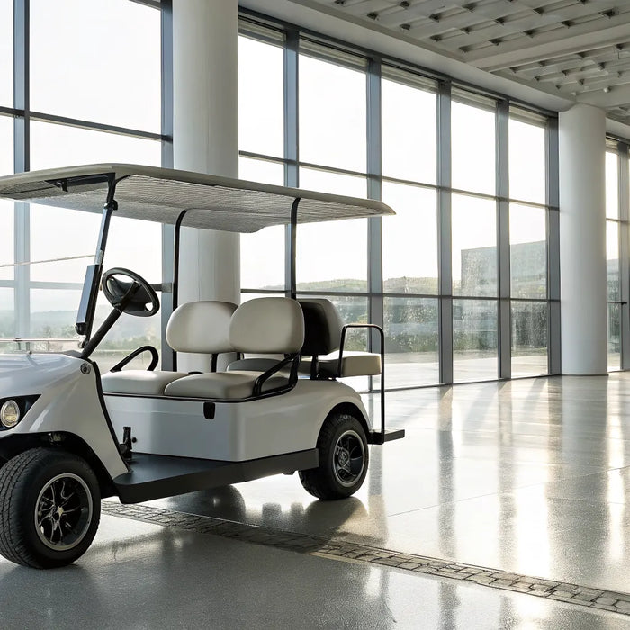 A new 4 seater golf cart with comfortable seating and modern features.