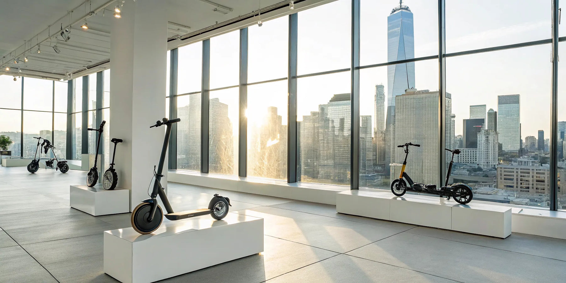 Electric scooters for small personal transportation on display in a showroom with a city view.