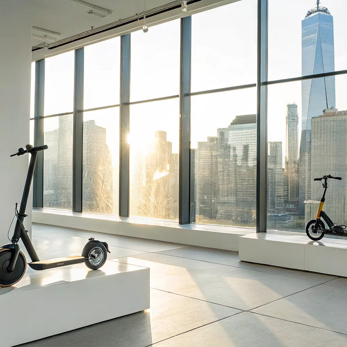 Electric scooters for small personal transportation on display in a showroom with a city view.