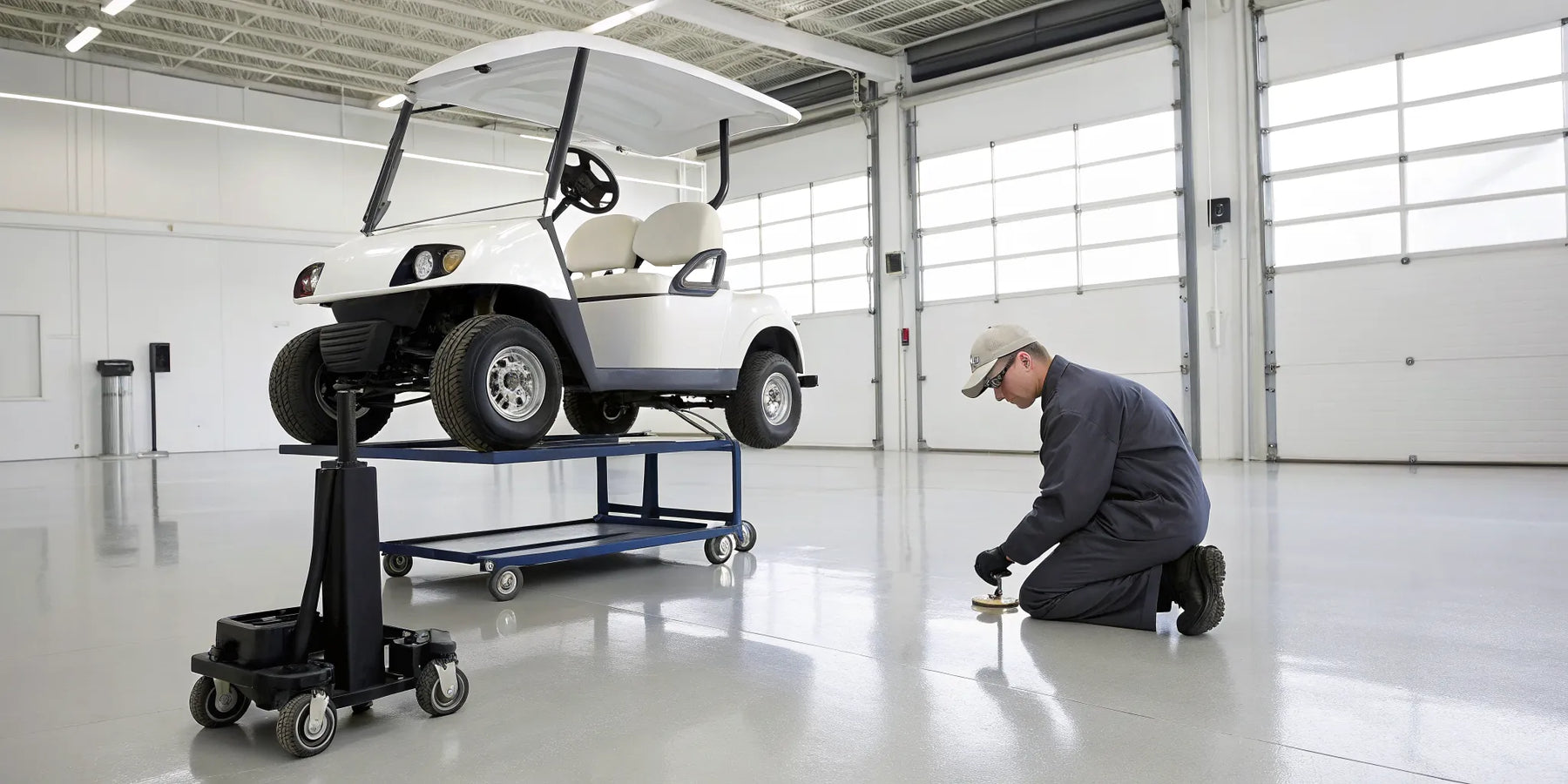 Golf cart on a jack in a garage during a lift kit installation.