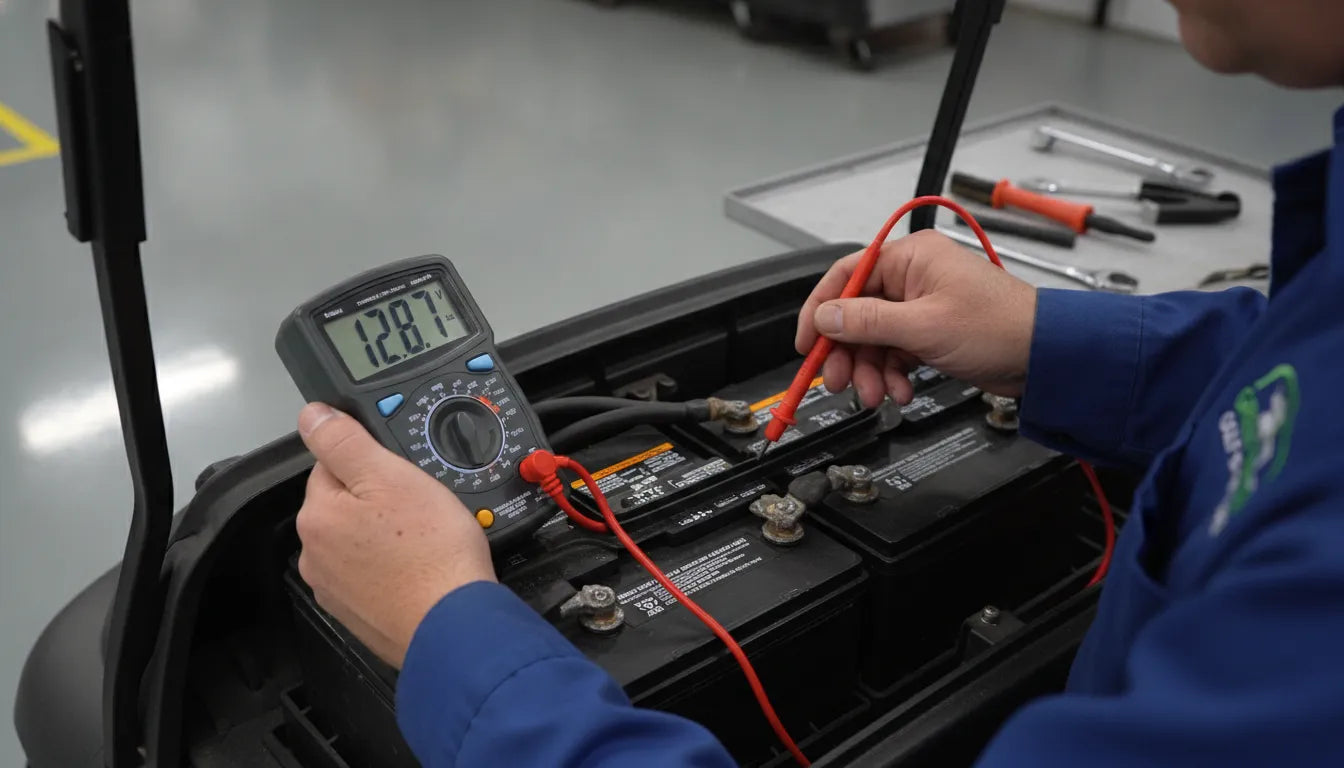 Person testing a golf cart battery with a digital multimeter in a service bay