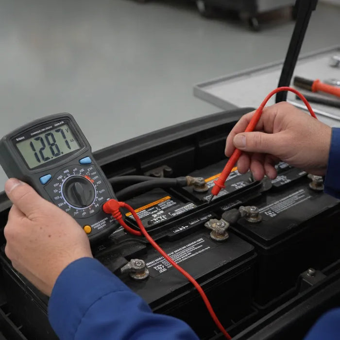 Person testing a golf cart battery with a digital multimeter in a service bay