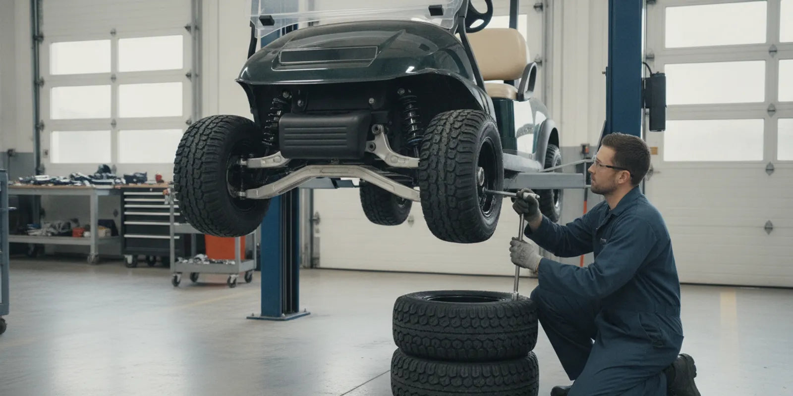 Technician installing a lift kit on a golf cart in a Massachusetts service bay