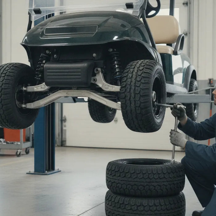 Technician installing a lift kit on a golf cart in a Massachusetts service bay