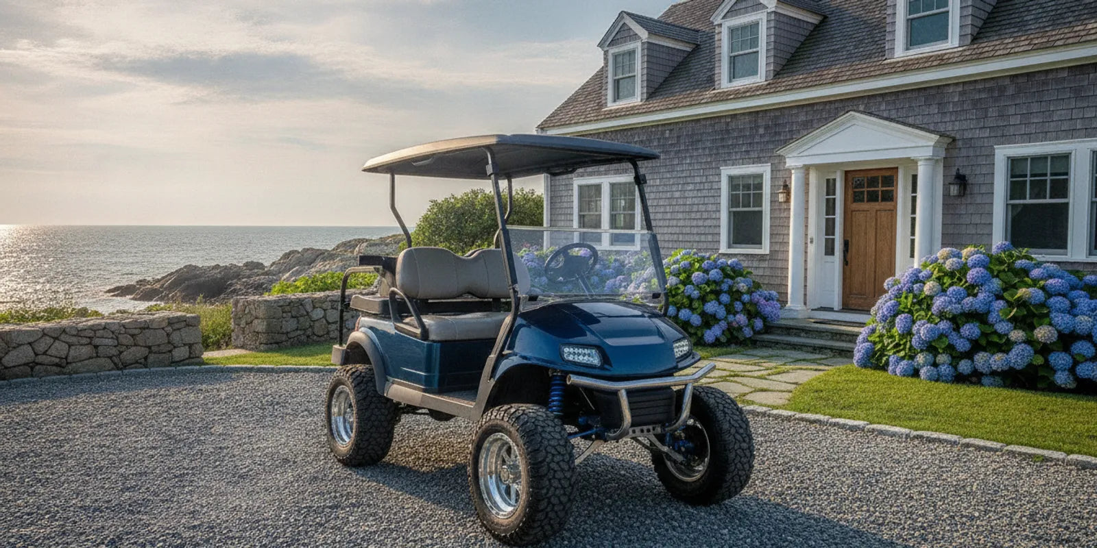 Lifted electric golf cart on a gravel drive in New England