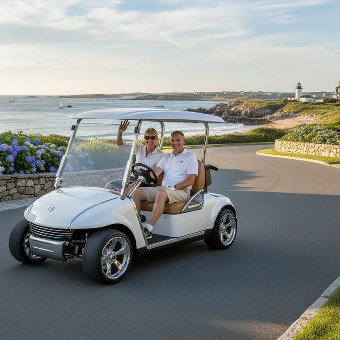 Lithium golf cart in a New England coastal neighborhood