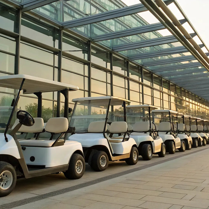 A row of white golf carts prepared for a long-term rental.