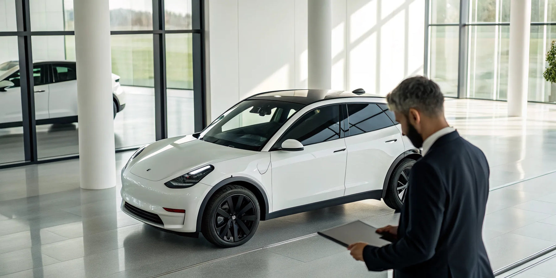 Buyer with a checklist inspects a white low speed vehicle for sale at a dealership.