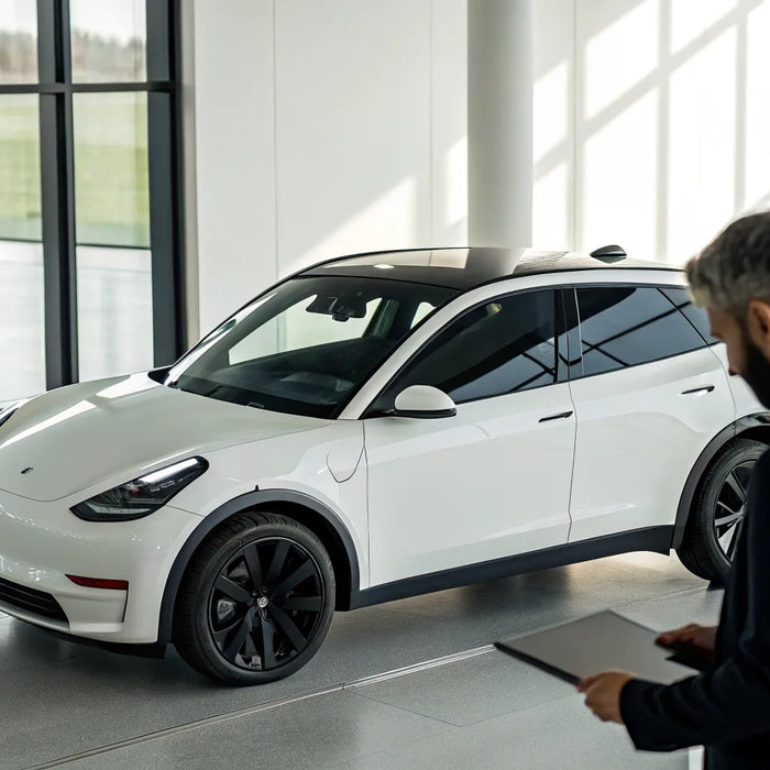 Buyer with a checklist inspects a white low speed vehicle for sale at a dealership.