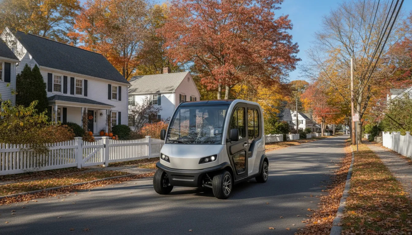 Electric low-speed neighborhood vehicle driving on a tree-lined street in a New England town