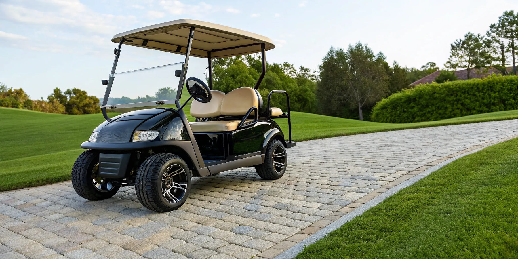 A luxury custom golf cart with premium seating on a scenic golf course.