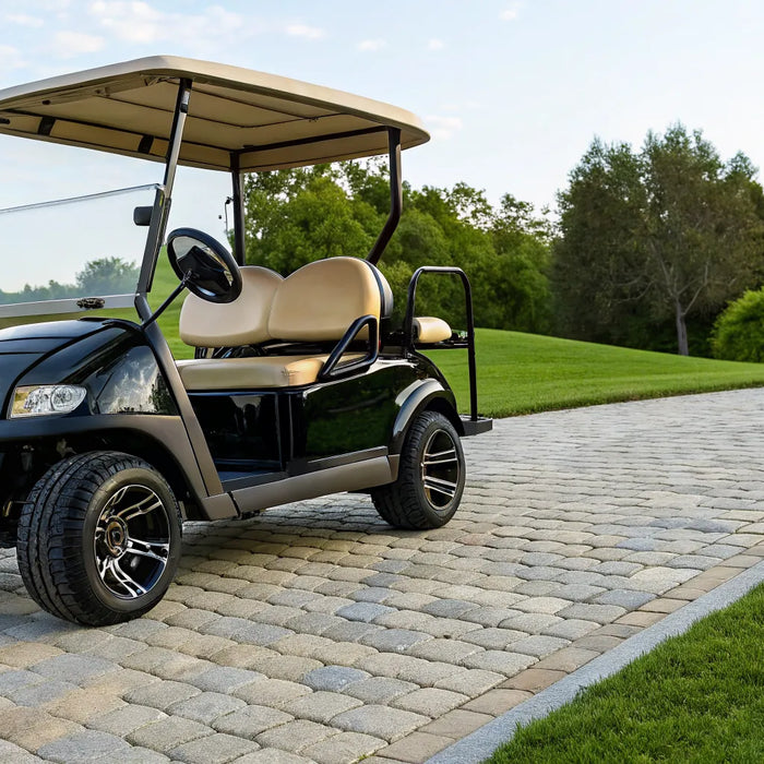 A luxury custom golf cart with premium seating on a scenic golf course.